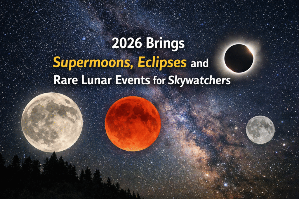 A composite image of the night sky showing a bright supermoon, a red blood moon during a lunar eclipse, a solar eclipse, and a small micromoon against the Milky Way, with the headline “2026 Brings Supermoons, Eclipses and Rare Lunar Events for Skywatchers.”