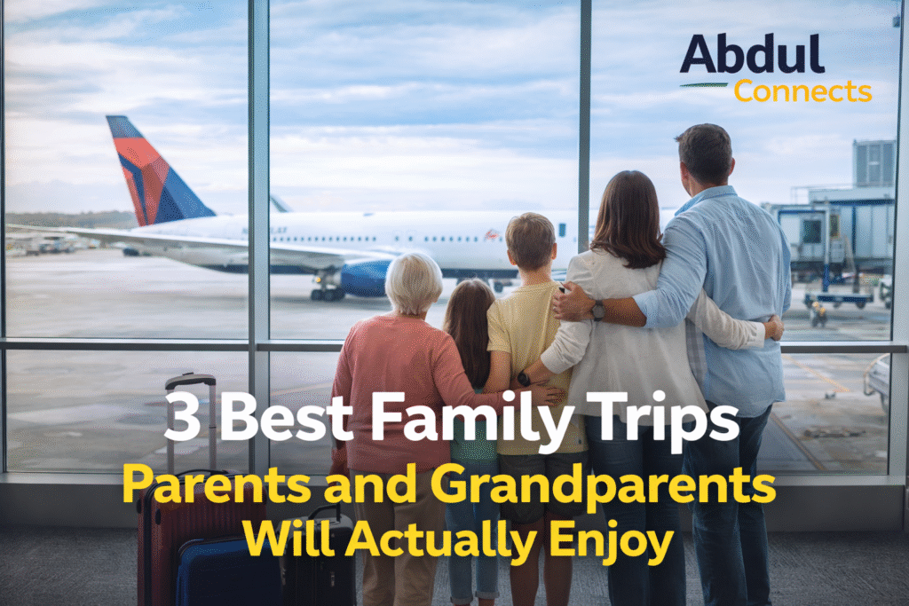 A multigenerational family standing at an airport terminal watching an airplane, representing family travel experiences parents and grandparents enjoy together.