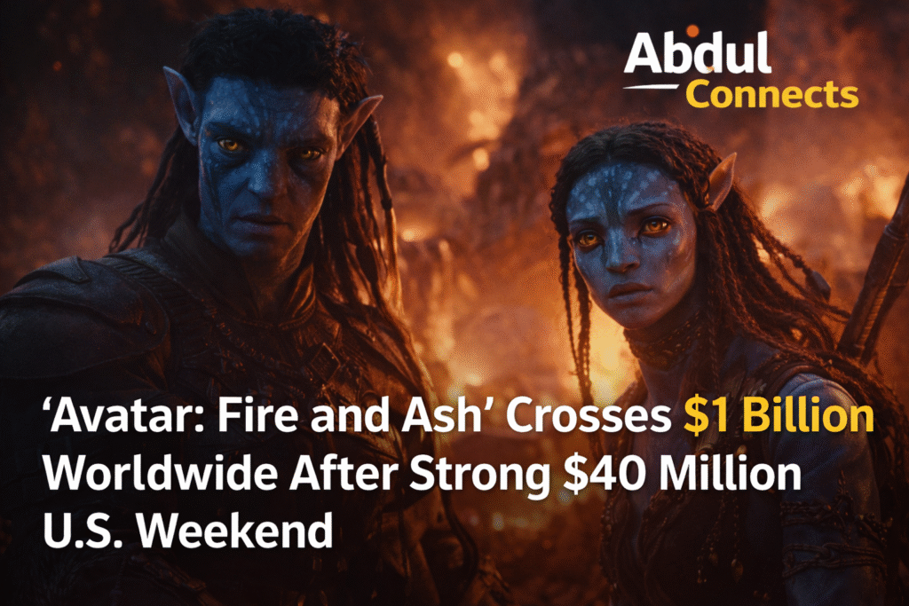 Jake Sully and Neytiri stand against a fiery backdrop in Avatar: Fire and Ash as the film crosses $1 billion worldwide at the box office.