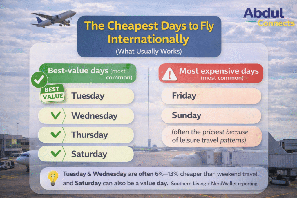 Infographic showing the cheapest and most expensive days to fly internationally from the U.S., highlighting Tuesday, Wednesday, Thursday, and Saturday as best-value days and Friday and Sunday as the most expensive, with an airport background and the Abdul Connects logo.