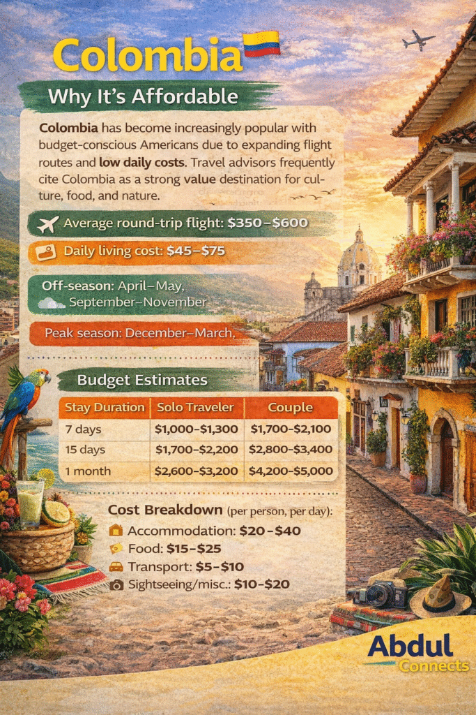 Infographic explaining why Colombia is an affordable destination for U.S. travelers, showing average flight costs, daily living expenses, off-season and peak-season months, budget estimates for solo travelers and couples, and a daily cost breakdown, set against a colorful Colombian city backdrop.