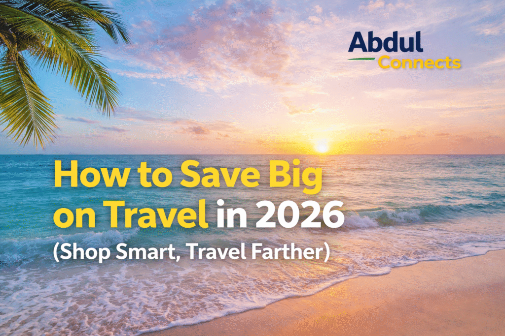 “Travel savings graphic for 2026 with yellow and white headline ‘How to Save Big on Travel in 2026’ and Abdul Connects logo in the top right corner.”