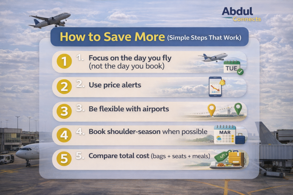 Infographic showing five simple steps to save money on international flights, including choosing the right day to fly, using price alerts, flexible airports, shoulder-season travel, and comparing total costs, with airplanes at an airport in the background and the Abdul Connects logo.
