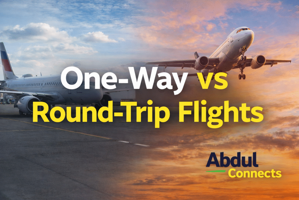Split image showing a one-way flight on the runway and a round-trip flight taking off, with the text “One-Way vs Round-Trip Flights” and the AbdulConnects logo.