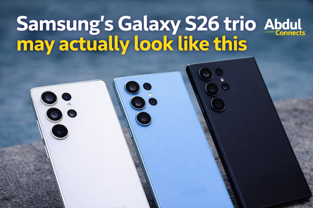 Samsung Galaxy S26 series leaked design showing S26, S26 Plus and S26 Ultra with new camera island and refined corners