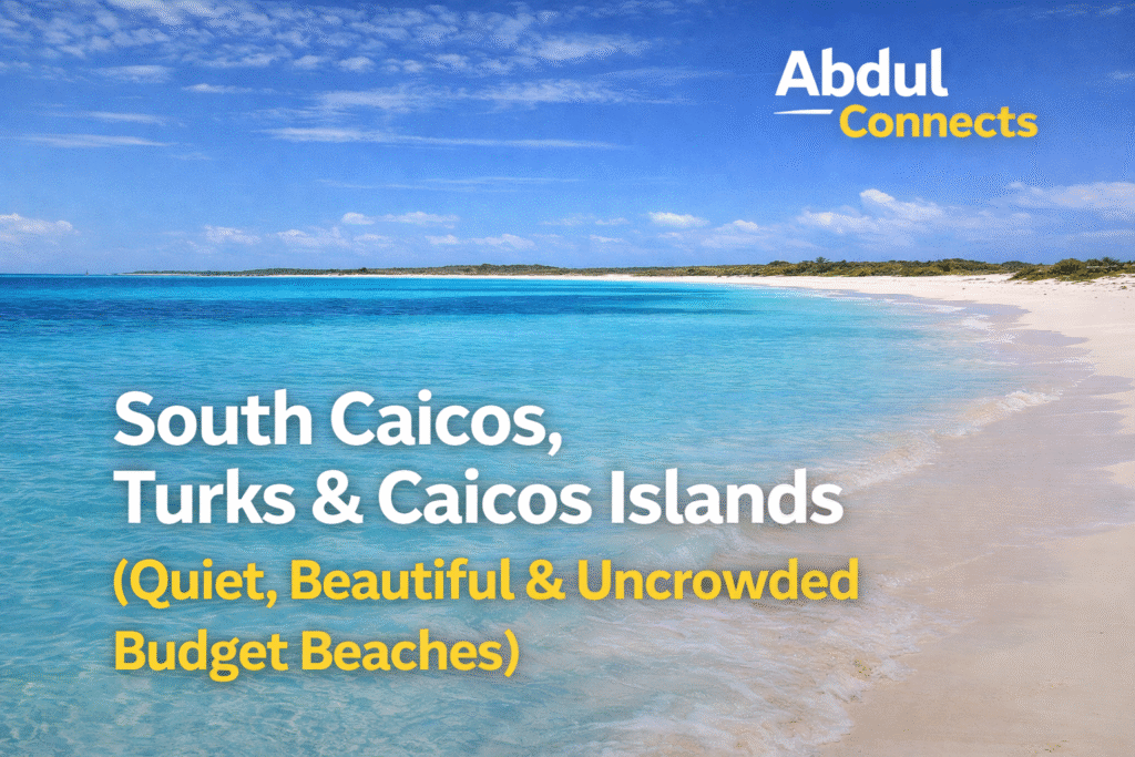 South Caicos beach in Turks and Caicos Islands with clear turquoise water and white sand, highlighting a quiet and uncrowded winter beach destination