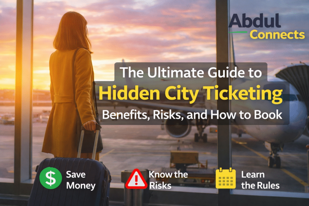 A traveler standing at an airport window during sunset with a suitcase, looking at an airplane on the runway, featuring text about hidden city ticketing and the AbdulConnects logo.