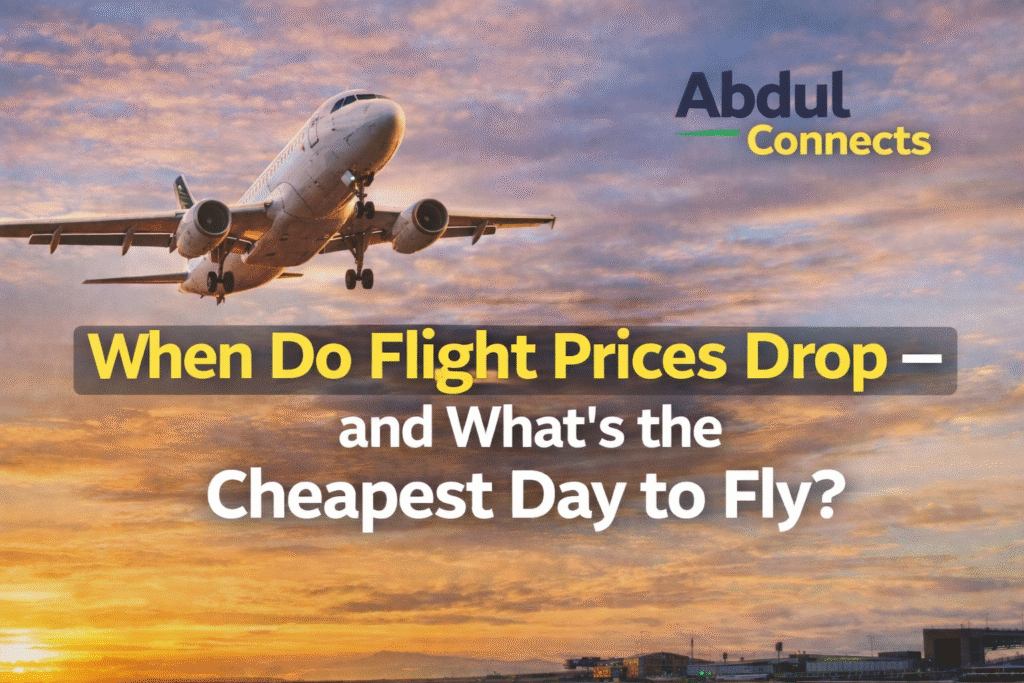 Airplane taking off at sunset with the headline “When Do Flight Prices Drop — and What’s the Cheapest Day to Fly?” displayed in yellow and white text over a subtle dark overlay, with the AbdulConnects logo in the top right corner.