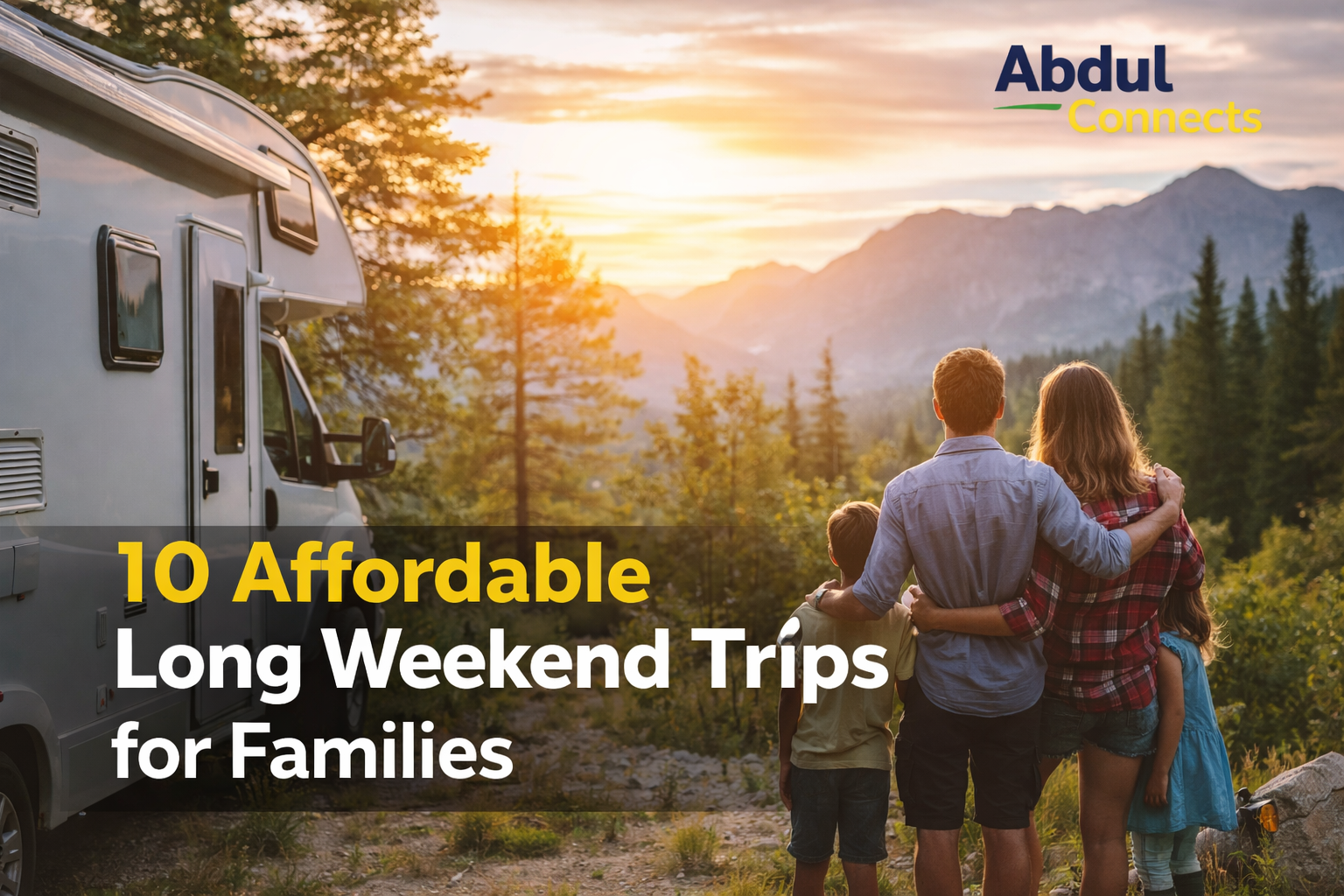 Family enjoying an affordable long weekend RV trip in the USA, parked at a scenic nature destination during sunset.