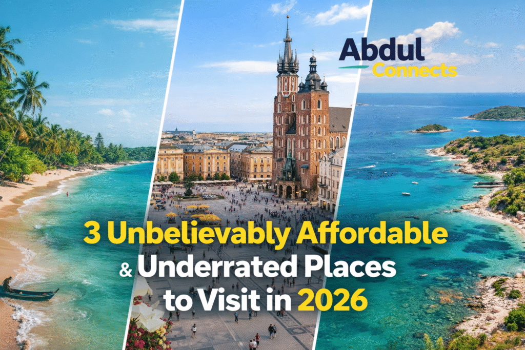 3 unbelievably affordable and underrated places to visit in 2026 featuring Sri Lanka, Kraków in Poland, and the Albanian Riviera with AbdulConnects logo