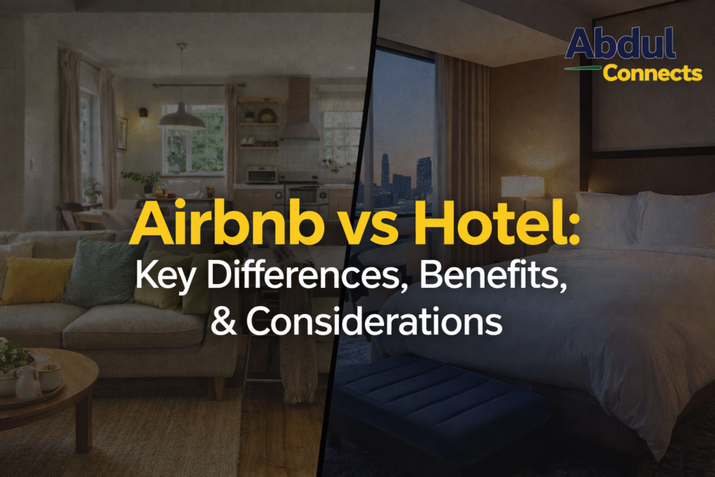 Airbnb vs hotel comparison image showing cozy Airbnb living space and modern hotel room with article title overlay