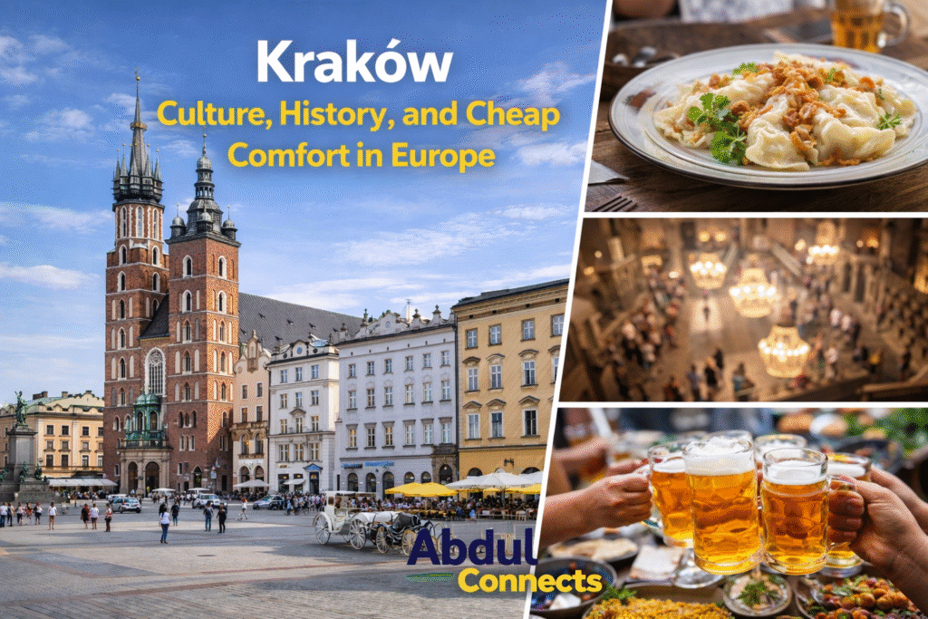 Kraków budget travel collage featuring Old Town architecture, historic streets, local food, affordable beer, and AbdulConnects logo