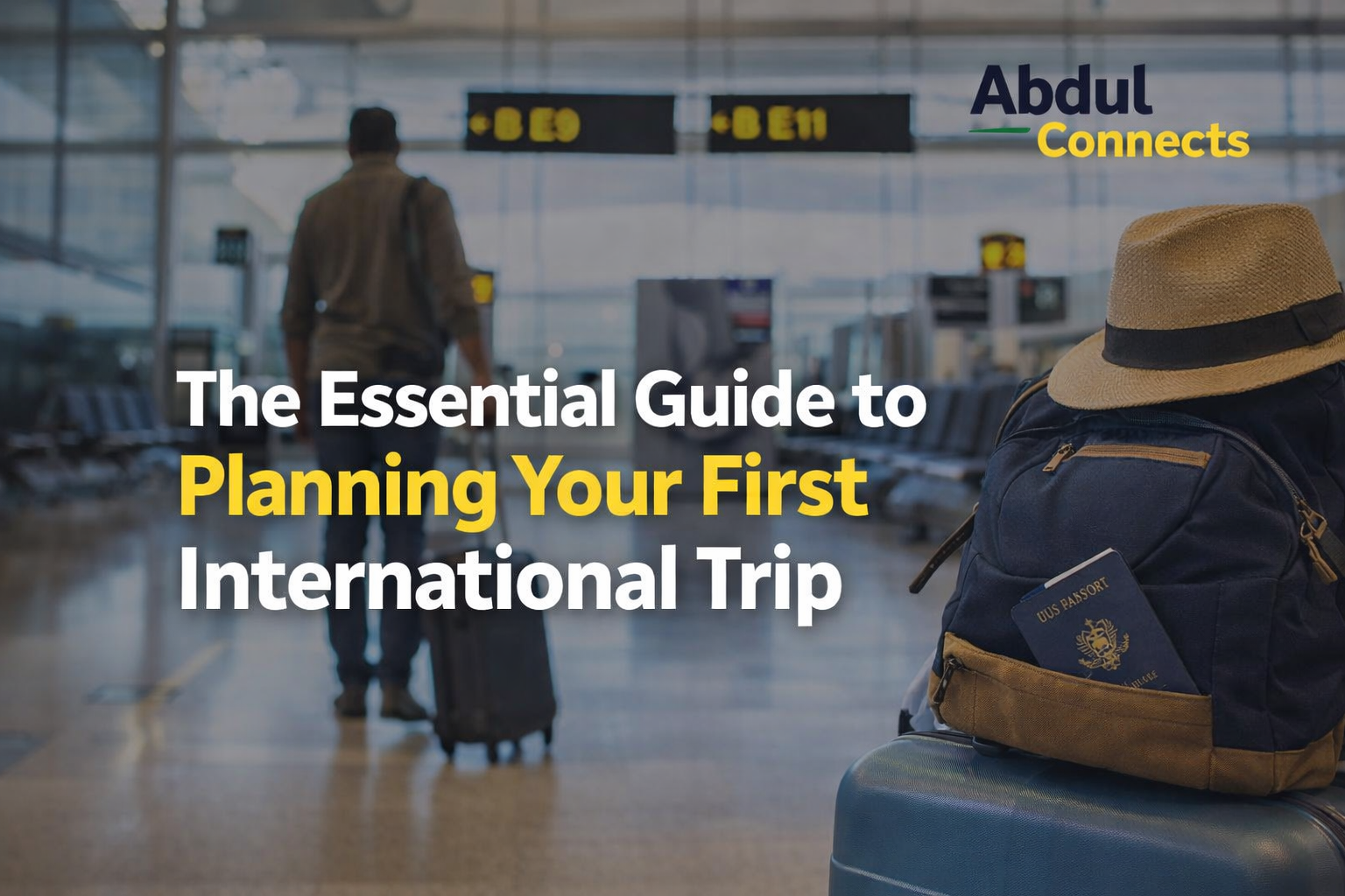 The Essential Guide to Planning Your First International Trip with AbdulConnects logo, featuring beginner-friendly travel planning tips for first-time international travelers.